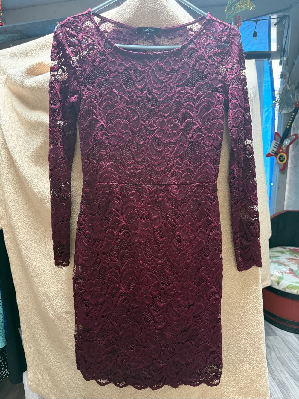 AMBIANCE Burgundy Lace Long-Sleeve Sheath Dress